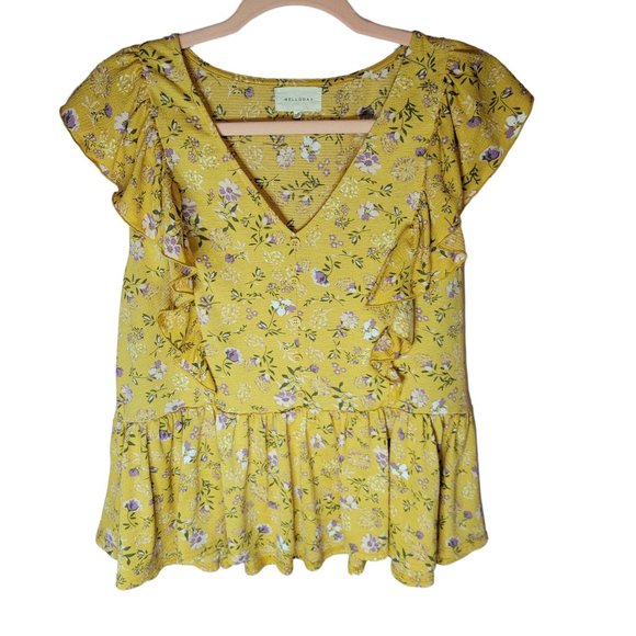 Melloday Size Large Women's blouse Yellow Floral - Picture 1 of 3